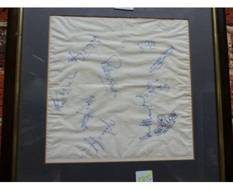 A SWALLOW HOTEL PAPER NAPKIN SIGNED BY NINE ENGLAND CRICKETERS TO INCLUDE: ALEC STEWART, GRAHAM THORPE, NASSER HUSSAIN. ROBIN