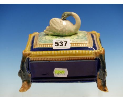 A 19th C. MAJOLICA SARDINE BOX, THE RECTANGULAR COVER WITH SWAN FINIAL, THE CORNERS OF THE BLUE BODY MOUNTED WITH FISH THEIR 