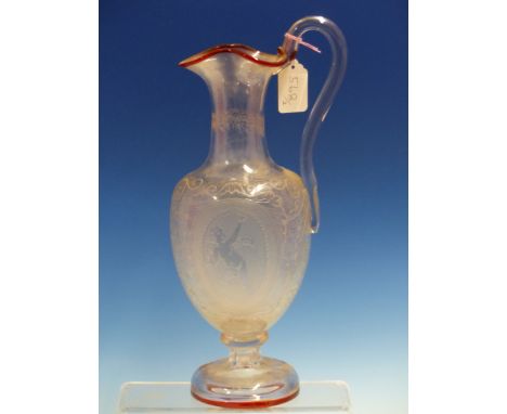 TWO BALUSTER GLASS JUGS, ONE WITH FACETTED CLEAR GLASS OVERLAYING RUBY.   H 34.5 cms. THE OTHER WITH RUBY TRAILED TREFOIL RIM