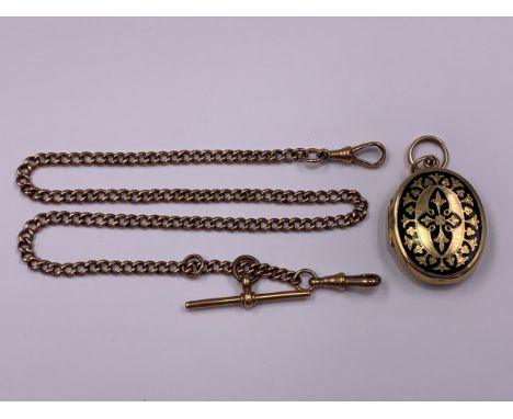 A 9ct ROSE GOLD ALBERT WITH T-BAR , LENGHT 39cms TOGETHER WITH A VICTORIAN GOLD AND BLACK ENAMEL MEMORIAL LOCKET. GROSS WEIGH