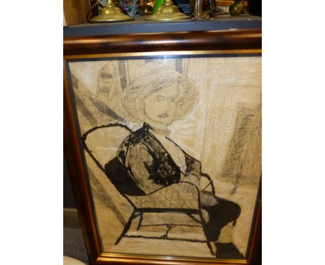 CONTINENTAL SCHOOL   PORTRAIT OF A LADY SEATED IN A WICKER ARMCHAIR, SIGNED INDISTINCTLY, CHARCOAL DRAWING.   85 x 64cms.
