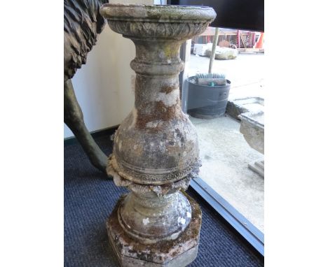 A GOOD VINTAGE COMPOSITE STONE 3 PART PEDESTAL WITH ENGRAVED BRASS SUNDIAL.