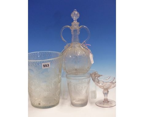 A EUROPEAN ENGRAVED GLASS BEAKER SHAPED VASE.   H 21cms. A TWO HANDLED GLOBE AND SHAFT DECANTER, A STANDING SHELL SHAPED BOWL