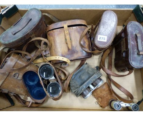 A BOX OF EIGHT PAIRS OF BINOCULARS, RACING GLASSES AND OPERA GLASSES INCLUDING BY DOLLAND, LONDON AND WATSON, LONDON.