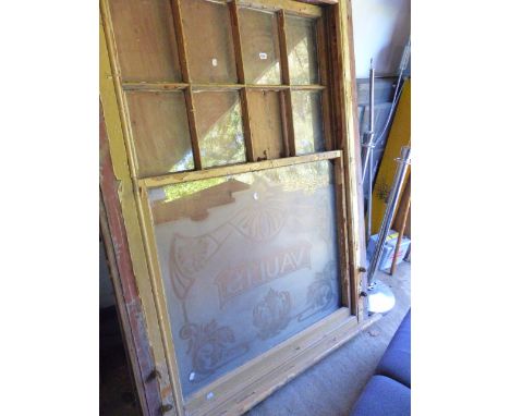 AN ANTIQUE ETCHED GLASS SASH WINDOW AND FRAME, VAULTS.