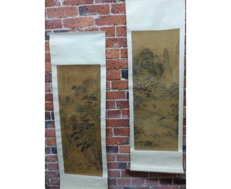 TWO CHINESE SCROLL PAINTINGS DEPICTING FISHERFOLK AND TRAVELLERS CLIMBING PATHS TO MOUNTAIN RETREATS.   92 x 35.5cms.