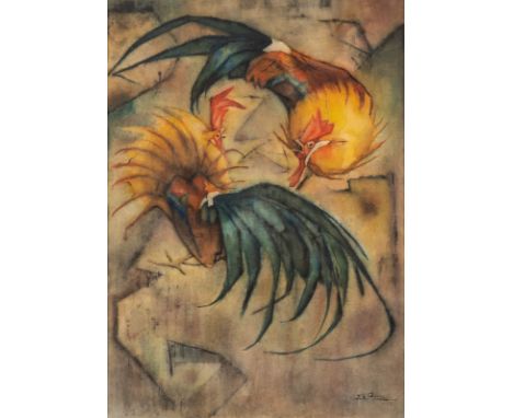 ERWIN AICHELE1887 Höhefeld - 1974 EutingenZWEI STREITENDE HÄHNE (1952) Aquarell auf festem Papier. SM 70 x 49,5 cm (R. 89 x 6