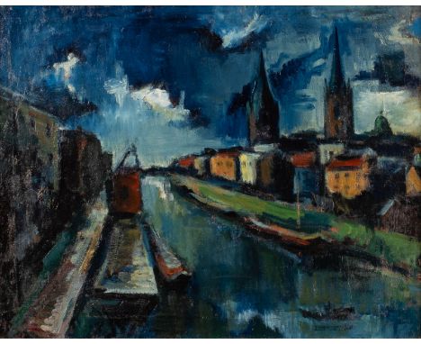 HEINRICH SEEPOLT1903 Duisburg - 1989 EuskirchenDUISBURGER HAFEN Öl auf Leinwand. 55 x 70 cm (R. 71,5 x 86,5 cm). Unten links 