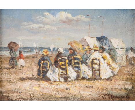 PAUL RENARDTätig 2. H. 20. Jh.FREUDIGE GESELLSCHAFT AM STRAND Öl auf Holzplatte. 12,5 x 17,5 cm (R. 30 x 35 cm). Unten rechts