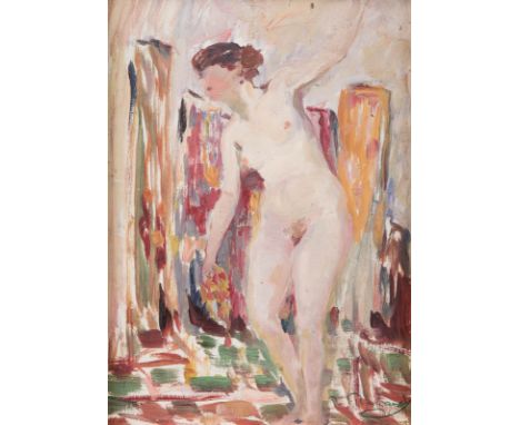 PAUL RENARDTätig 2. H. 20. Jh.DAMENAKT IM BOUDOIR Öl auf Platte. 33 x 24 cm (R. 40 x 30,5 cm). Unten rechts signiert 'P. Rena