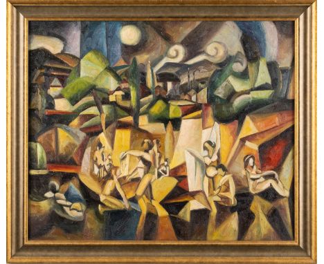 EXPRESSIONISTTätig 1. H. 20. Jh.LANDSCHAFT MIT PERSONENSTAFFAGE Öl auf Leinwand. 50 x 60 cm (R. 58,5 x 69 cm). Auf der Leinwa