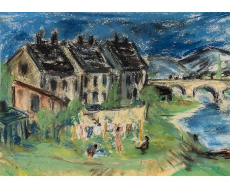 ALBERT HENNING1907 Leipzig - 1998 ZwickauAM FLUSS (1948) Farbkreide auf leichtem Karton. BM 27 x 37,5 cm (R. 50 x 60 cm). Unt