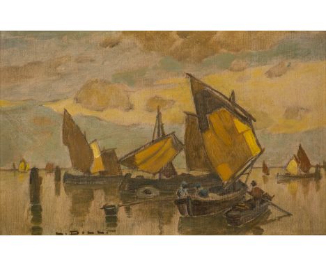 LUDWIG DILL1848 Gernsbach - 1940 KarlsruheFISCHERBOOTE Öl auf Leinwand, auf Karton maroufl. 21x 33 cm (R. 31 x 43,5 cm). Unte