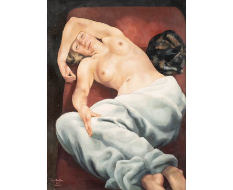 OTTO RICHTER1899 - 1963WEIBLICHER AKT MIT KATZE (1948) Öl auf Platte. 69,5 x 52 cm (R. 80 x 61,5 cm). Unten links signiert un