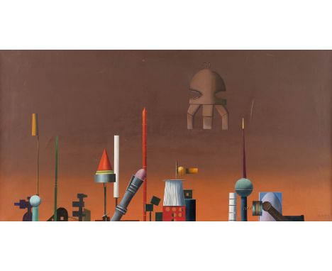 KARL HEIDELBACH1923 Hanau - 1993 KölnLANDSCHAFT MIT FLUGOBJEKT (1967/68) Öl auf Leinwand. 52,5 x 100 cm (R. 53,5 x 101,5 cm).