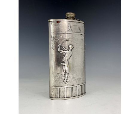 Sporting Interest, a large silver plated and enamelled hip flask, Evans, Nickel Silver circa 1910, bowed and embossed in reli