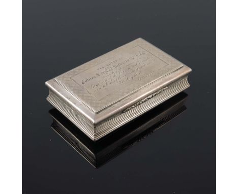 A Victorian silver snuff box, Yapp &amp; Woodward, Birmingham 1847, cuboid form, central inscription on tartan ground, 'Prese