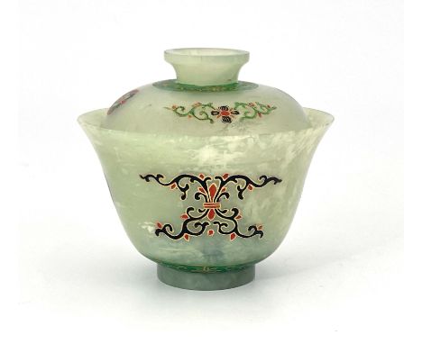 A Chinese pale jade covered rice bowl, footed cover, the main vessel of slightly flared form, enamel and gilt decorated with 