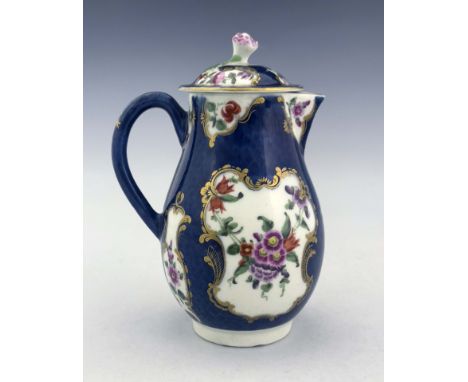 A Worcester scale blue milk jug and cover, square seal mark, circa 1770, baluster sparrow beak form, painted with European fl