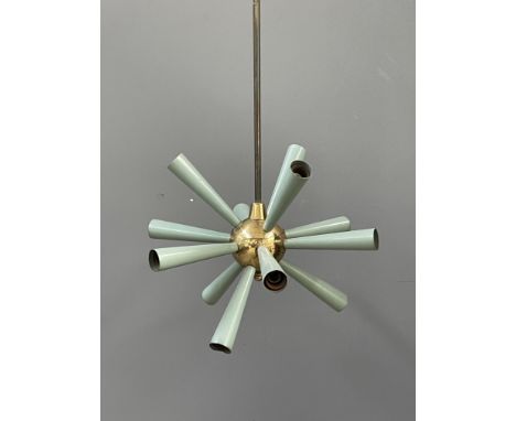 An Italian electric pendant light fitting, circa 1950's, 'Sputnik' twelve light design in brass and pastel blue enamel bulb h