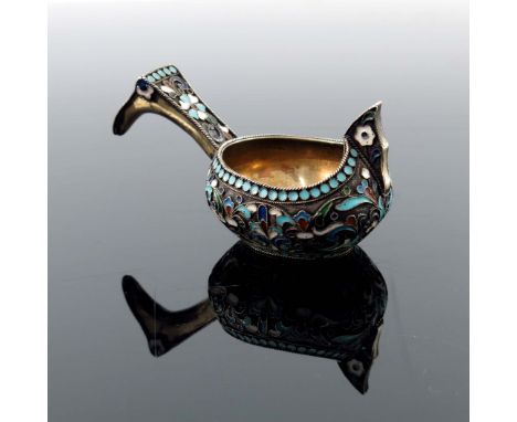 An Imperial Russian silver gilt and cloisonne enamelled Kovsh, Pavel Ovchinnikav, Moscow circa 1900, zoomorphic boat form, de