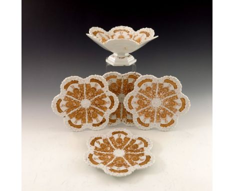 An early 20th century Meissen part dessert set, including comport and four side plates, hexagonal scalloped form, the fan sha