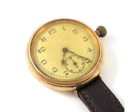 An 18 carat gold wristwatch, circa 1920, 17 jewel manual wind movement, on leather strap