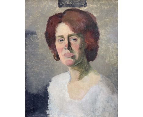 Scottish School, early 20th Century, portrait of Lady Ottoline Morrell, bust length in a white top, oil on re-lined canvas, 5