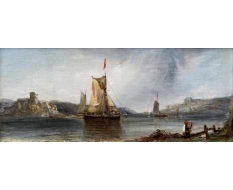 British School, late 19th Century, a seascape with sailing vessels, a figure in the foreground and castle ruin beyond, oil on