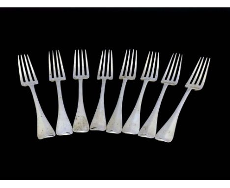 A set of seven Victorian silver dinner forks, Goldsmiths and Silversmiths Co., London 1896, Hanoverian pattern, together with