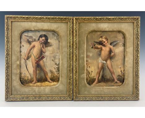 A pair of Goldscheider wall plaques, late 19th Century, each painted with a standing winged cherub, one contemplating with a 