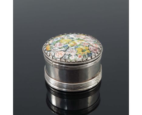 A Continental silver and enamelled box, N.L, probably Dutch circa 1700, cylindrical form, the domed lid set with a millefleur