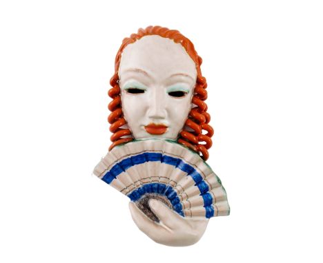 Rudolf Knorlein for Goldscheider, woman holding a fan wall mask 6542, design circa 1932, printed and incised marks, 27cm high