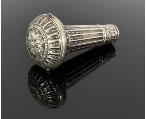 A French silver combination parasol handle compact or patch box, fluted with laurel husk and acanthus banding, the pommel lid