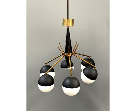 A pendant light fitting in the manner of Gino Sarfatti, circa 1950's, brass and black lacquered metal with six globe suspende