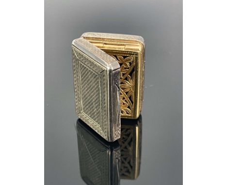 A George III silver vinaigrette, John Reily, London 1816, engine turned cuboid form, feather framed barley corn turning, the 