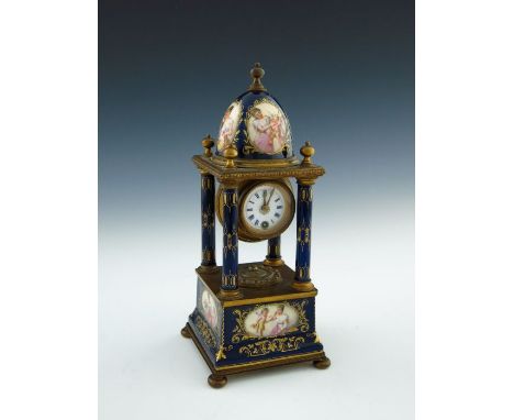 A late 19th Century Vienna clock, of architectural form incorporating a cupola, columns and plinth, painted cartouches of Ven