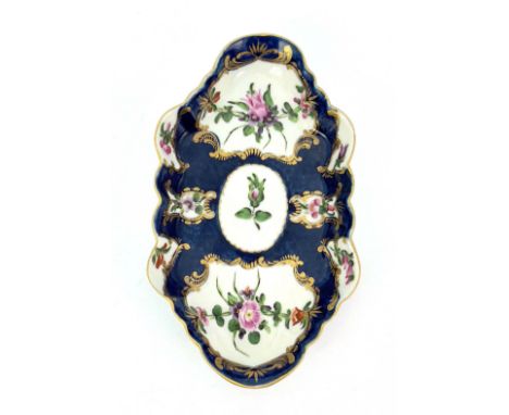 A Worcester scale blue tray, crescent mark, circa 1770, lobed navette form, painted with European flowers within gilt foliate