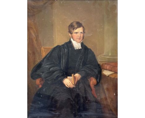 James Leakey (British, 1775-1865), portrait of a young cleric, three quarter length seated in an interior, indistinctly inscr