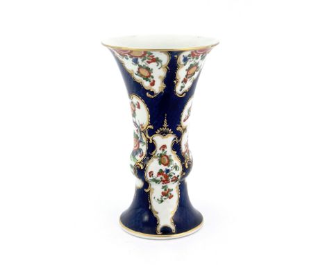 A Worcester scale blue vase, square mark, circa 1770, Gu or knopped trumpet form, painted in rich kakiemon style with chrysan