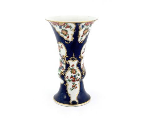 A Worcester scale blue vase, square mark, circa 1770, Gu or knopped trumpet form, painted in rich kakiemon style with chrysan