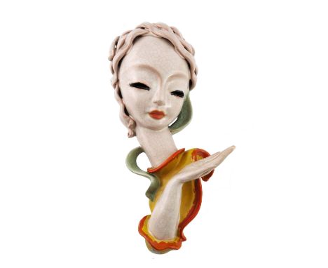 Kurt Goebel for Goldscheider, woman with arm out and palm up 7654, design circa 1936, printed and incised marks, 39cm high