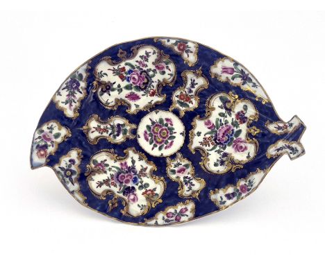 A Worcester scale cabbage blue leaf dish, square mark, circa 1768, relief moulded and painted with European flowers within gi