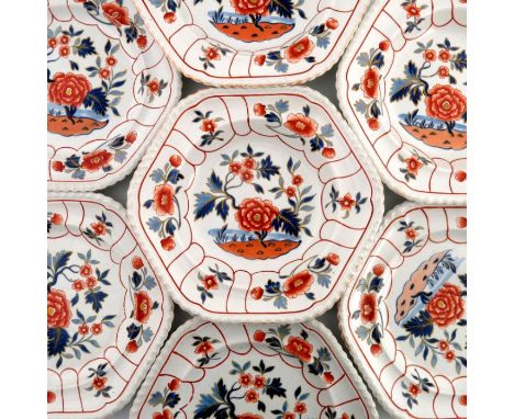 A Staffordshire Ridgway stone china part dinner service of plates and soup dishes, circa 1820, patter 1184, hexagonal with re