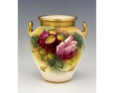 M Hunt for Royal Worcester, a rose painted vase, 1936, shouldered twin handled form, signed, together with a wrythen fluted s