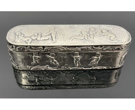  A Dutch silver snuff box, rounded oblong form, the hinged lid and base embossed with putti within C scroll foliate border, s