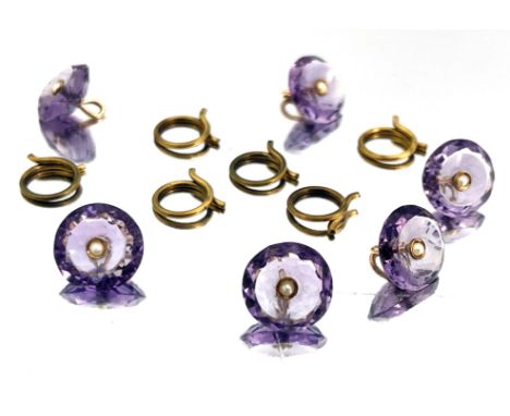 A set of six amethyst, gold and split pearl buttons, each concave facet cut button with central pearl, 1.5cm diameter, in fit
