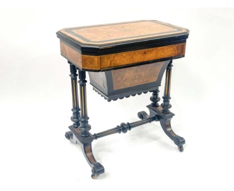 A Victorian games and work table combined, circa 1870, burr walnut and ebonised with gilt metal beading, fold-over top with p