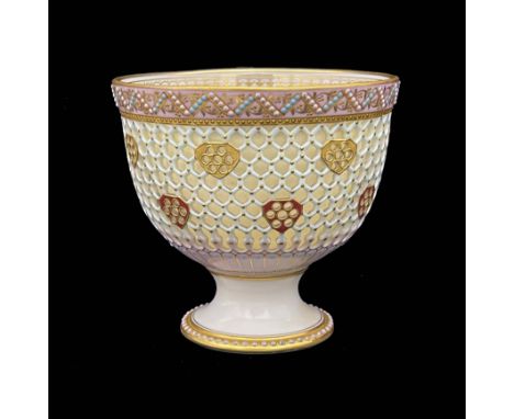 George Owen (attributed) for Royal Worcester, a double walled jewelled and reticulated pedestal bowl, circa 1880, the hemisph