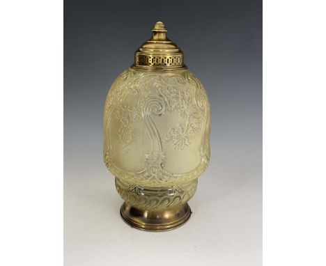 An Edwardian relief moulded glass and brass mounted pendant light fitting, the yellow washed shade modelled with rococo carto